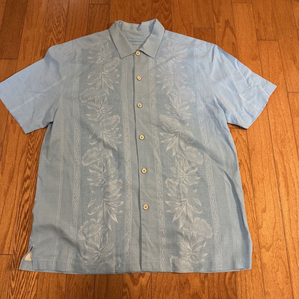 Tommy Bahama Mens Size XL Blue Silk Short Sleeve Button Down Shirt Hawaiian